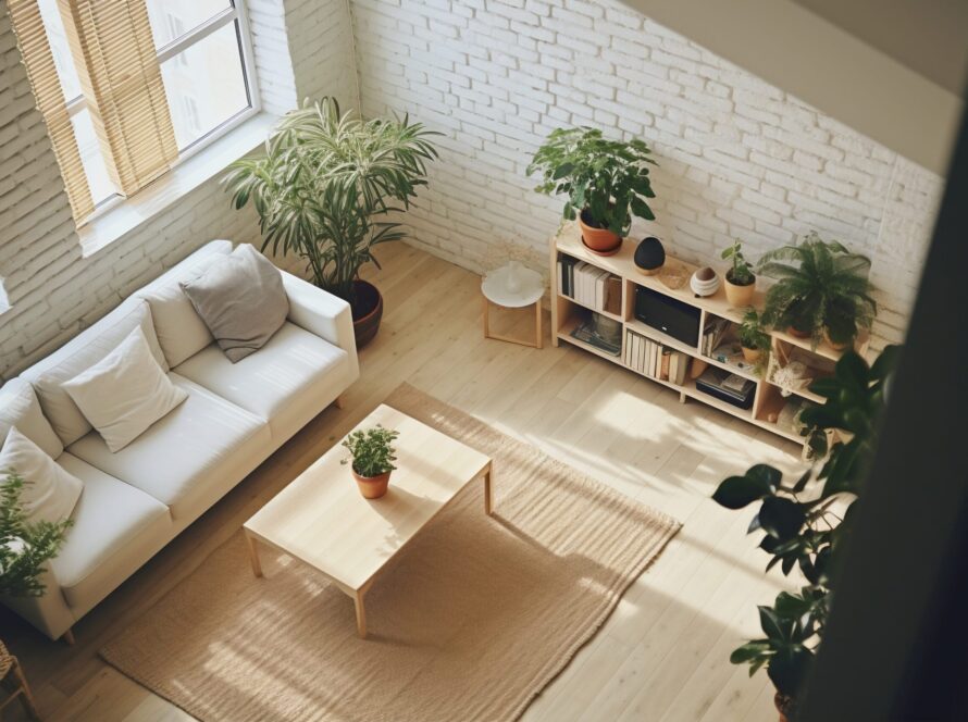 Vista desde arriba de un salón amueblado con suelo de parquet